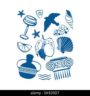 Handgezeichnete Sommerkritzeleien, Urlaubs- und Reiseelemente. Küstenkontur Icon Vektor in blauer Farbe gesetzt. Vibe von Griechenland und Italien Stock Vektor