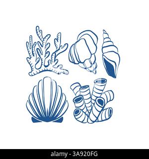 Set aus handgezeichneten grafischen Muscheln und Korallen in Blau. Vektorgrafik umreißen. Stock Vektor