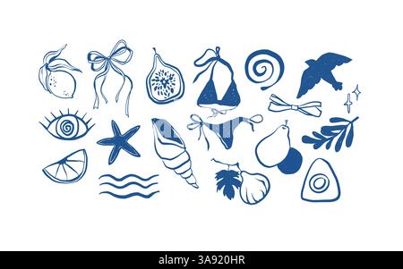 Handgezeichnete Sommer-Kritzeleien, Strandparty, Urlaub und Reise-Kritzelelemente. Tropische Blätter, Früchte und Cocktails Skizzen, süße Sommer Linie Aufkleber Vektor Set. Vektorabbildung Stock Vektor