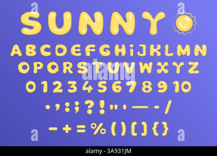 Gelbe Blasenschrift, englisches y2k-Hochglanz-Alphabet, 3D-Zeichentrick-Ballon-Vektor-Buchstaben, Zahlen und Satzzeichen. Sie eignen sich hervorragend für Optimismus und h Stock Vektor