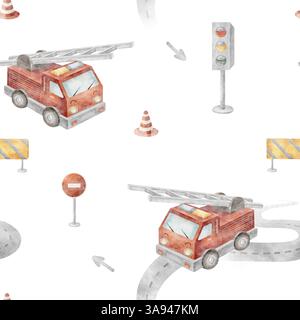 Aquarellmuster Feuerwehrauto, Ampel, Straßenschilder. Nahtlos bedruckter Cartoon-Stil für Kinder. Illustration zum Hintergrund der Konstruktion Stockfoto