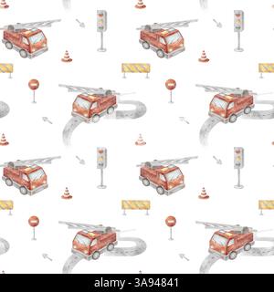 Nahtloses Muster Feuerrettungswagen, Transportrot. Aquarell Kinderillustrationsstraße, Schilder auf isoliertem weißem Hintergrund für Textildesign Stockfoto