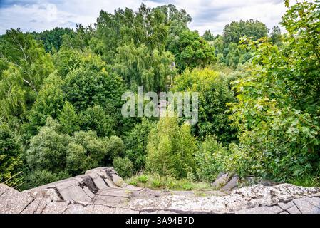 Zerstörte alte Eisenbahnbrücke in Kruklanki, Polen, August 2021 Stockfoto