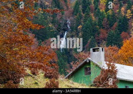 Eine wunderschöne Herbstszene mit einem Wasserfall neben einer gemütlichen rustikalen Hütte in der Natur Stockfoto