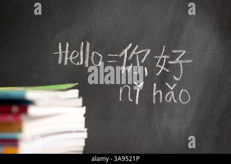 Anfängerlerner für Chinesisch schreibt Hallo-Wort Nihao in chinesischen Schriftzeichen und Pinyin auf eine Tafel, Konzept für das Erlernen von Mandarinen Stockfoto