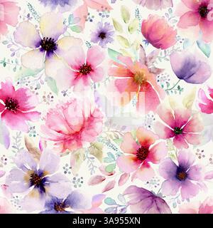 Abstraktes, auffälliges, nahtloses Blumenmuster in Aquarellfarben. Aquarell handgezeichnet bunte lila rosa rote Blume Illustration. Mehrfarbiger Druck für Tapeten, Stockfoto