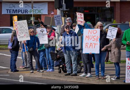 Pro-demokratische Demonstranten rufen am 29. März 2025 zu einem Boykott von Tesla in Eugene, Oregon, auf. Stockfoto