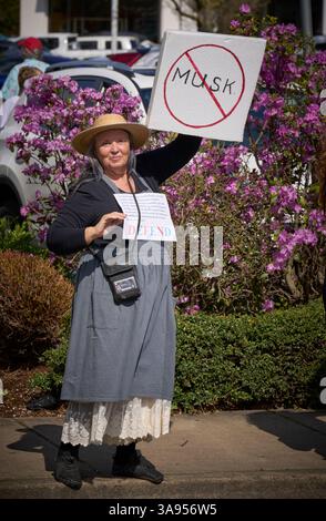 Pro-demokratische Demonstranten rufen am 29. März 2025 zu einem Boykott von Tesla in Eugene, Oregon, auf. Stockfoto