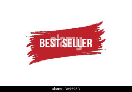 Bestseller-Design mit rotem Banner im Pinselstil auf weißem Hintergrund. Stock Vektor