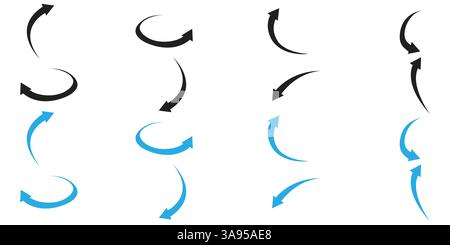 Schwarze und blaue Pfeile mit gekrümmter Form, isoliert auf weißem Hintergrund. Stock Vektor