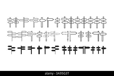 Symbolgruppe Wegweiser. Konturvektorzeichen, lineares Piktogramm isoliert auf weiß. Stock Vektor