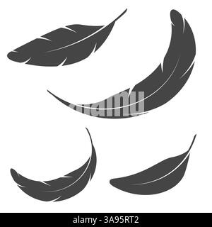 Ein Satz gekrümmter fliegender Vogelfedern. Illustration des flachen Vektors isoliert auf weiß Stock Vektor