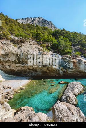 Landschaft in Turkiye - Strand und Mittelmeer türkisfarbenes Wasser und felsige Berge in Kemer, Antalya tropische schöne Reiseziele ruhig reso Stockfoto