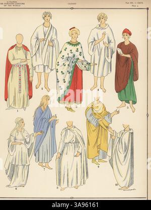 Frauenmäntel der Gallier. Ehefrau von Childebert I., König von Paris, 1, Druidin 2,3,6,8,10, reiche Staatsbürgerin 3, Frau von Metz 5, Gallische Frau 7 und Höfling von Dragobert I. 9. Lithographie von Etiennette Moureu aus Paul Louis de Giafferris Geschichte des femininen Kostüms der Welt, Foreign Publications, New York, 1927. Stockfoto