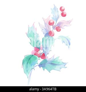 Stechpalme mit roten Beeren, handgemalt in Aquarell. Stockfoto