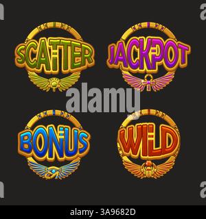 Farbige UI-Symbole Set-WILD, Jackpot, Bonus und Scatter für Casino- oder Slotspiele. Goldene Symbole für Spielelemente. Stock Vektor