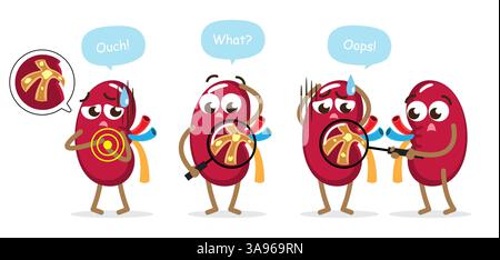 Nierensteine und normale Niere. Lustige Cartoonfiguren der medizinischen Nieren. Isolierter weißer Hintergrund. Vektor . Stock Vektor