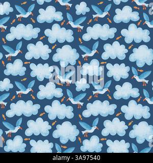 Süße Möwen und Wolken. Cartoon-Wettercharakter mit nahtlosem Muster. Handgezeichneter Stil Stockfoto