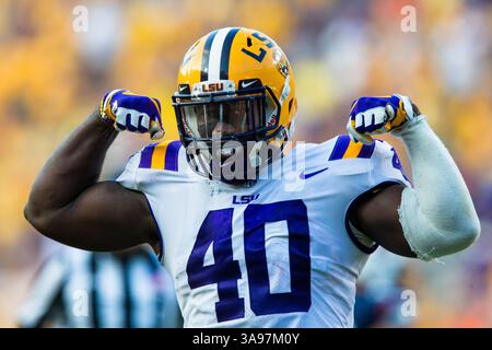 14. Oktober 2017: LSU Tigers Linebacker Devin White (40) reagiert auf ein Spiel zwischen den LSU Tigers und den Auburn Tigers im Tiger Stadium in Baton Rouge, LA. LSU Tigers besiegte Auburn Tigers mit 27:23. Stephen Lew/CSM(Credit Image: &Copy; Stephen Lew/CSM via ZUMA Wire) Stockfoto