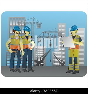 Bauarbeiter und Architekt prüfen Baupläne auf einer Baustelle mit Kränen und Gebäuden im Hintergrund Stock Vektor