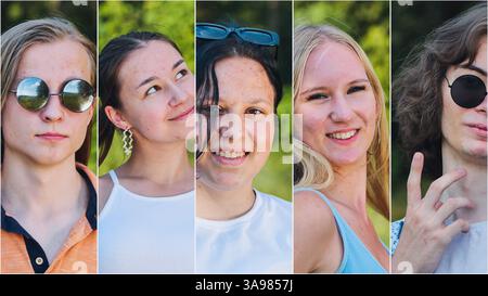 Fünf verschiedene junge Studenten lächeln und posieren gemeinsam für eine Fotocollage, die ihre Jugendliche Energie und Kameradschaft zum Ausdruck bringt Stockfoto