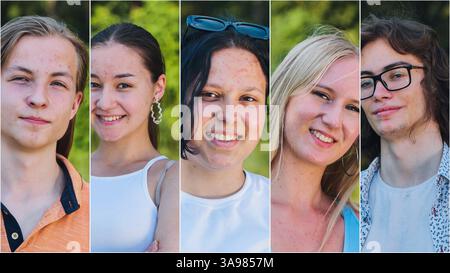 Fünf verschiedene Schüler zeigen ihr Glück in einer fröhlichen Porträtcollage Stockfoto
