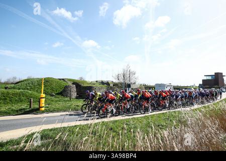 Wevelgem, Belgien. 30. März 2025. Das Peloton wurde während des eintägigen Radrennens „Gent-Wevelgem – in Flanders Fields“ in Aktion gezeigt, 250,3 km von Ieper nach Wevelgem, Sonntag, den 30. März 2025. BELGA FOTO DAVID PINTENS Credit: Belga News Agency/Alamy Live News Stockfoto