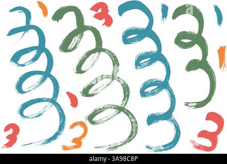 Pinselstrich Farbe verwirrt Linien. Handgezeichnetes Kinderkonfetti. Lineare Farbkritzelelemente isoliert auf weißem Hintergrund. Doodle Partyspiralen Cello Stock Vektor