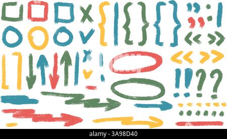 Häkchen, Pfeilkritzelsatz. Buntstifte unterstrichen, Anführungszeichen, Klammern und Zeichen. Hervorhebungen von Notizen mit Schreibstift. Vektor Hand gezeichnet Col Stock Vektor