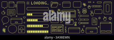 Pixelart Retro-Fenster-Schnittstelle. 8-Bit-Textfelder mit Laden, Cursor, Pfeil. Konsolenordner mit grünem Strich. Digitales Spieldokument in Retro 80s styl Stock Vektor