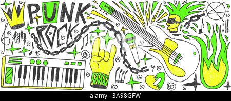 Rock-and-Roll-Musikkreide gezeichnet Set. Punk Festival Doodle Hintergrund. Neon Grunge Musik Konzert Flyer Elemente. Gitarre, elektronische Klavierhörner, Krone Stock Vektor