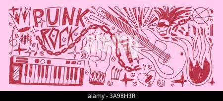 Rock and Roll Musik Coquette Buntstift gezeichnet Set. Punk Festival Doodle Hintergrund. Kritzeln Sie Grunge-Musikelemente. Gitarre, elektronische Klavierhörner, Krone Stock Vektor