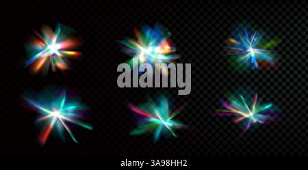 Kristallprisma funkelt Set. Flare Glow-Effekt mit diamantschillerndem Glasschein. Abstrakter Blendmagiestrahl. Funkenfackeln Prismen. Spektrumburst Stock Vektor