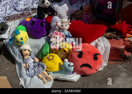 Haifa, Israel, 28. März 2025, Eine bunte Auswahl an Plüschspielzeug und anderen Gegenständen auf einem weißen Blatt auf einem Straßenmarkt in Haifa, Israel. Stockfoto