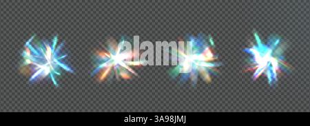 Kristallprisma funkelt Set. Flare Glow-Effekt mit diamantschillerndem Glasschein. Abstrakter Blendmagiestrahl. Funkenfackeln Prismen. Spektrumburst Stock Vektor