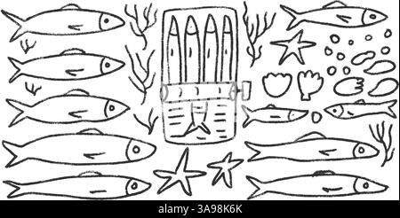 Sardinen Line Doodle Set. Von Hand gezogene Kritzeleien aus der Dose. Dosenfische. Offene Sardinendose. Vektor-konservieren Essensillustration durch Bleistift isoliert auf Wi Stock Vektor