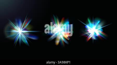 Kristallprisma funkelt Set. Flare Glow-Effekt mit diamantschillerndem Glasschein. Abstrakter Blendmagiestrahl. Funkenfackeln Prismen. Spektrumsonne b Stock Vektor