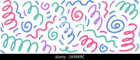 Bunte Buntstift-Karneval-Schnitzel und spiralförmige Linien. Handgezeichnetes Kinder-Party-Konfetti. Pinselstrich lineare Kritzelelemente isoliert auf weißem Hintergrund Stock Vektor