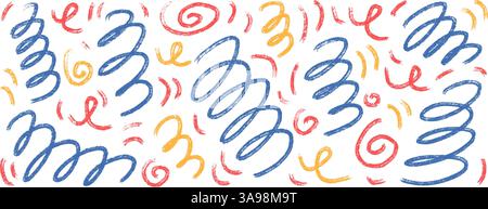 Buntstift quietscht Linien. Handgezeichnetes Kinderkonfetti. Pinselstrich lineare Scribble-Elemente isoliert auf weißem Hintergrund. Scribble-Party-Feier Stock Vektor