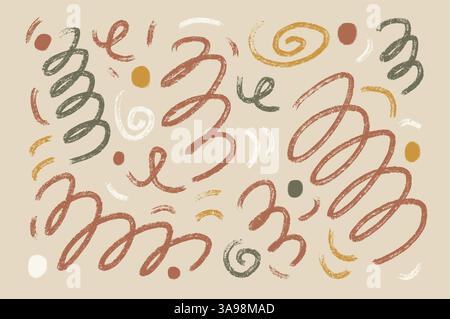 Wachsmalstift neutrale Farben Wellenlinien und Kreise. Handgezeichnetes japandi-Wandkunstset. Vektor-Grunge-Pinselstriche und -Punkte-Kollektion. Verdrehte s Stock Vektor