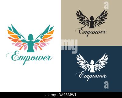 Empowerment Badge: Ein herausragendes Insignia weiblicher Macht, das eine poetische Figur mit abstrakten Flügeln und das Wort „Empowerment“ in einem künstlerischen Drehbuch darstellt Stock Vektor