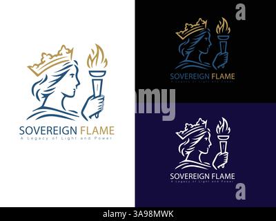 Die leuchtende Sovereign Logo-Serie: Eine beeindruckende Sammlung von Logos, die eine edle Figur mit einer brennenden Taschenlampe darstellen und Kraft und Inspiration repräsentieren. Stock Vektor