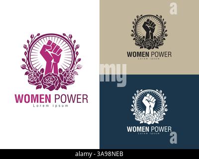 Stärke in Blüte: Ein fesselndes Design, das die Ermächtigung darstellt, mit geballter Faust, die aus einem Blumenkranz steigt und Einheit und Mut symbolisiert. Stock Vektor