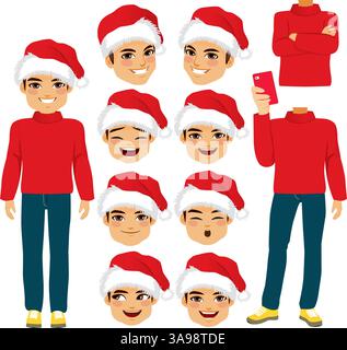 Junger Mann mit Weihnachtsmann-Hut-Kostüm-Papierpuppe männlich mit verschiedenen Gesichtsausdrücken, Körperhaltung und Accessoires Stock Vektor