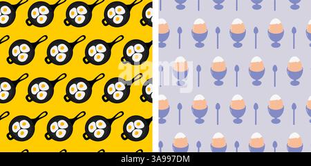 3 Spiegelei mit Eigelb in der frittierten Pfanne hart gekochtes teilweise schälen Ei in Eierschale nahtloses Muster Set 2. Isolierte Vektor-Illustration Thematische Karten Wallpaper Wrapping Poster oder Web Promo Banner, Faltblatt Stock Vektor