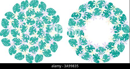 Freihand Monstera Leaves abstrakte mehrfarbige Blumen Kreis Hintergrund Rahmen Template Set 2. Isolierte Vektor-Illustration Grußeinladungskarten, Poster, Preis, Etikett oder Web-Promo-Broschüren Stock Vektor