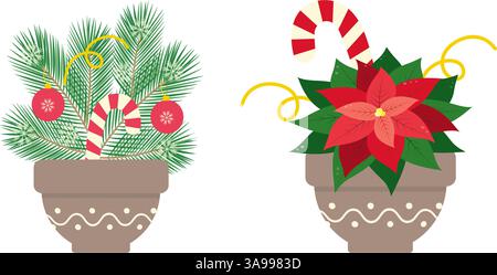 Kiefernzweige Schneeflocken Weihnachtsstern Candy Cane Mocha Mousse Blumentopf Weihnachtskomposition Set 2. Isolierte Vektor-Illustration thematische Neujahrskarten oder Web-Werbebanner, Flugblätter, Druckmaterial Stock Vektor