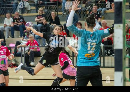 Halle, Deutschland. März 2025. Halle, Deutschland 29. März 2025: 2.HBL - Frauen - 2024/2025 - SV Union Halle-Neustadt vs. Kurpfalz Bären im Bild: v.li. Janneke Geigle (Ketsch) und Torhueterin Sara Suba (Halle) Credit: dpa/Alamy Live News Stockfoto