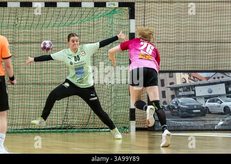 Halle, Deutschland. März 2025. Halle, Deutschland 29. März 2025: 2.HBL - Frauen - 2024/2025 - SV Union Halle-Neustadt vs. Kurpfalz Bären im Bild: v.li. Torhüterin Johanna Wiethoff (Ketsch) und Cara Reuthal (Halle) Credit: dpa/Alamy Live News Stockfoto