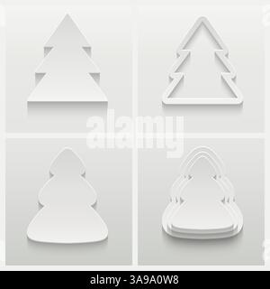 Set mit vier 3D-weihnachtsbäumen aus Papier auf grauem Hintergrund. Abstraktes Design Stock Vektor